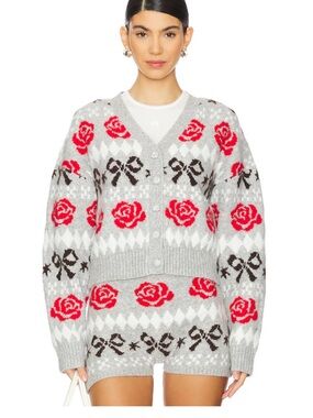 Gray Rose-Print V-Neck Cardigan Sweater
